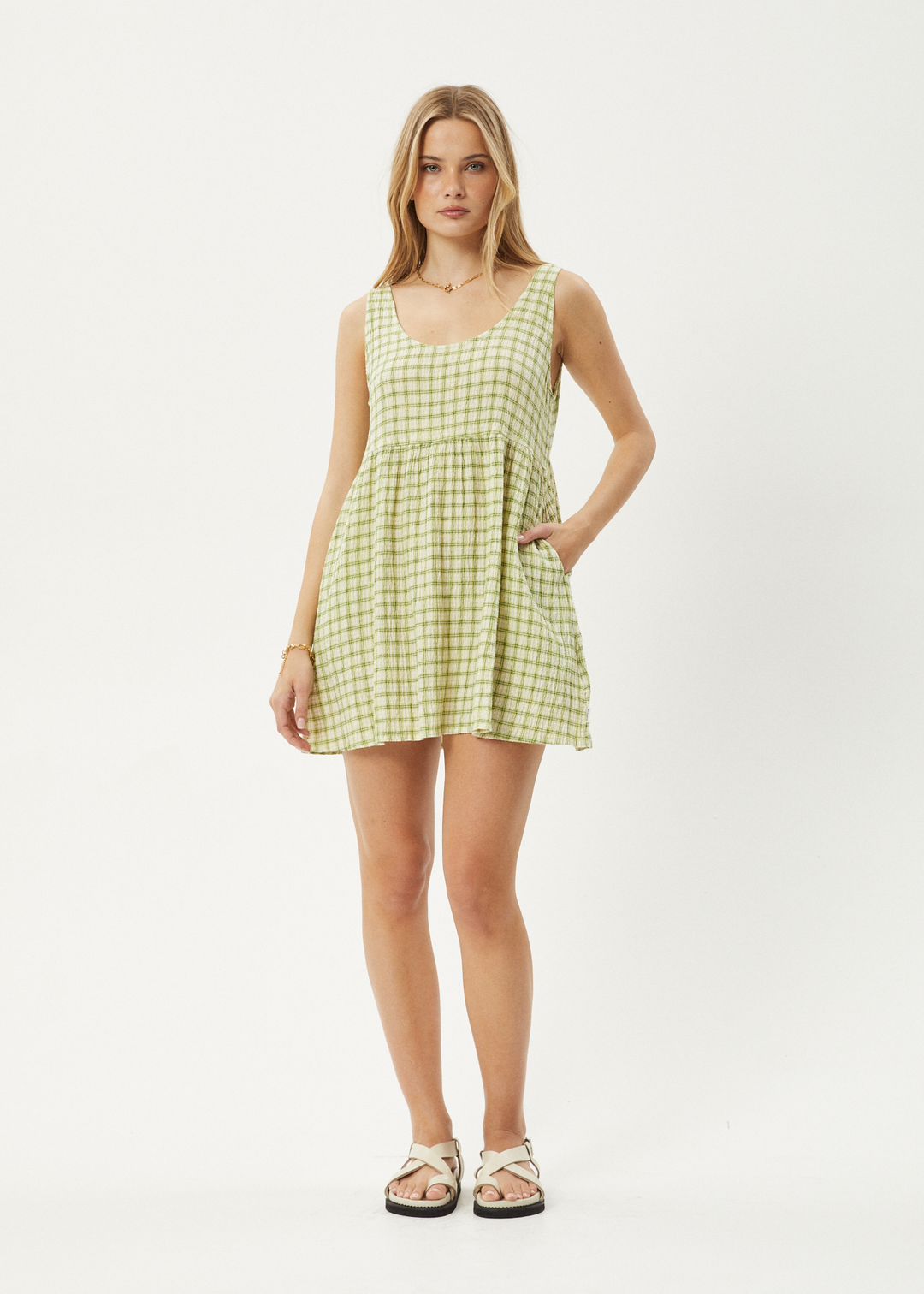 AFENDS Womens Darcy Jesse - Seersucker Mini Dress - Lemongrass Check - Sustainable Clothing - Streetwear