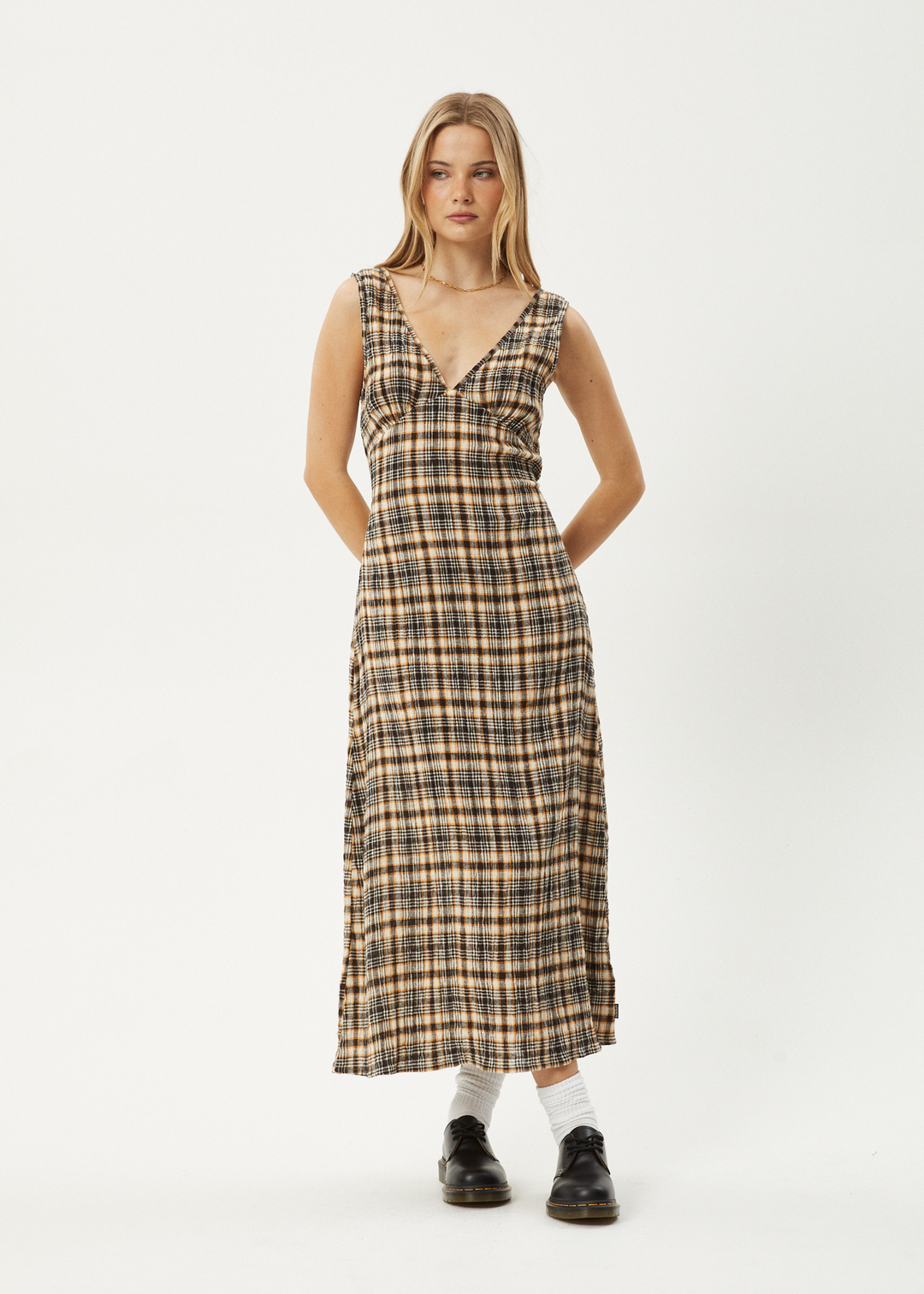 AFENDS Womens Check Out - Seersucker Maxi Dress - Moonbeam Check - Sustainable Clothing - Streetwear