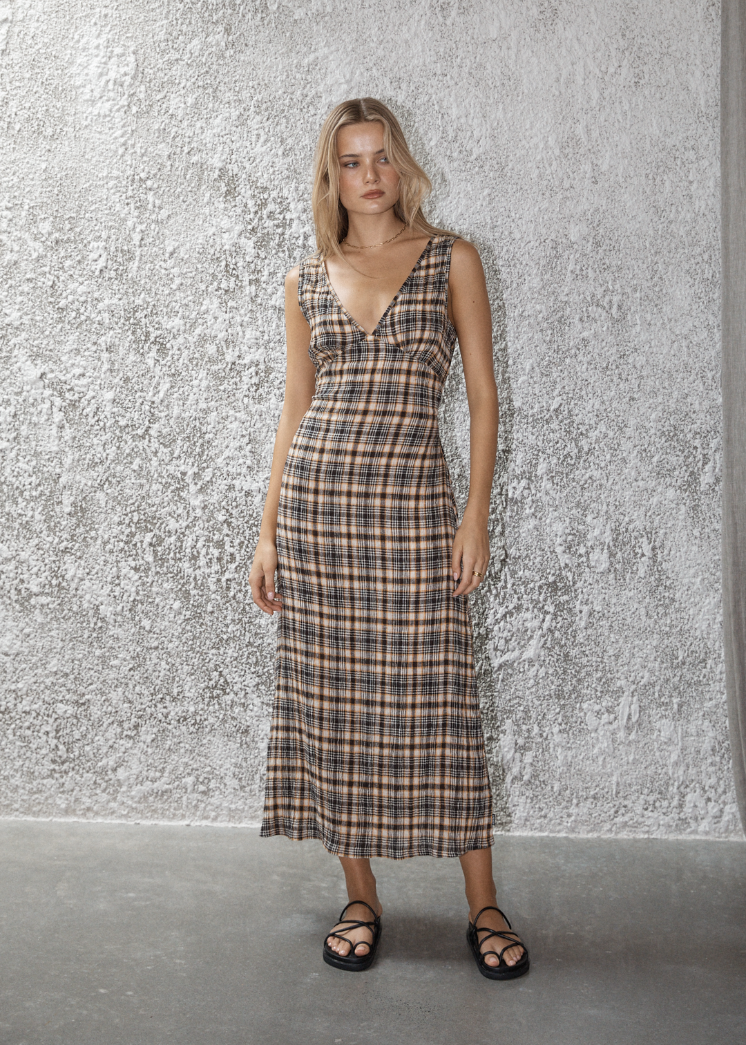 AFENDS Womens Check Out - Seersucker Maxi Dress - Moonbeam Check - Sustainable Clothing - Streetwear