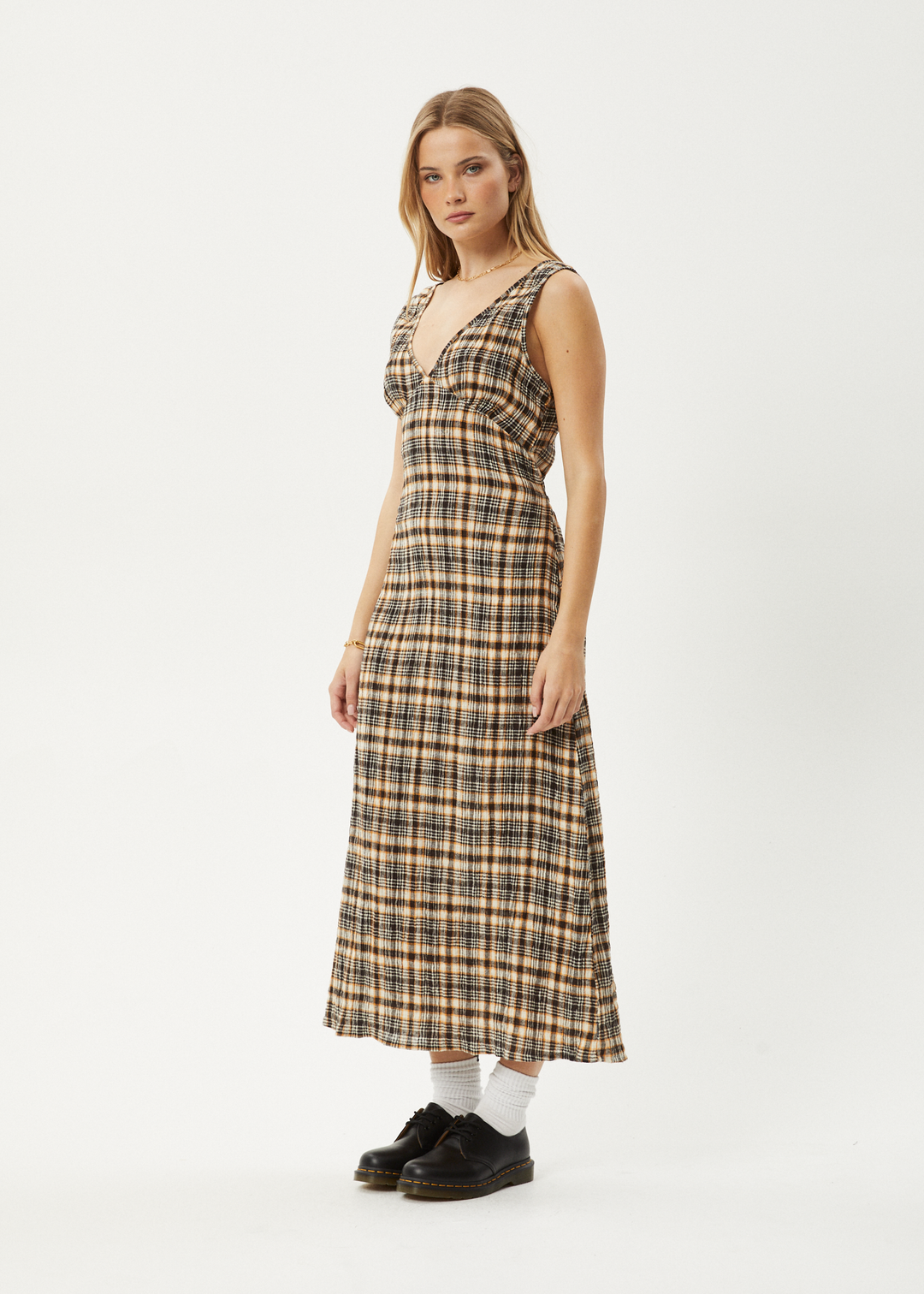 AFENDS Womens Check Out - Seersucker Maxi Dress - Moonbeam Check - Sustainable Clothing - Streetwear