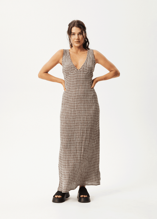 AFENDS Womens Base - Seersucker Check Maxi Dress - Coffee Check