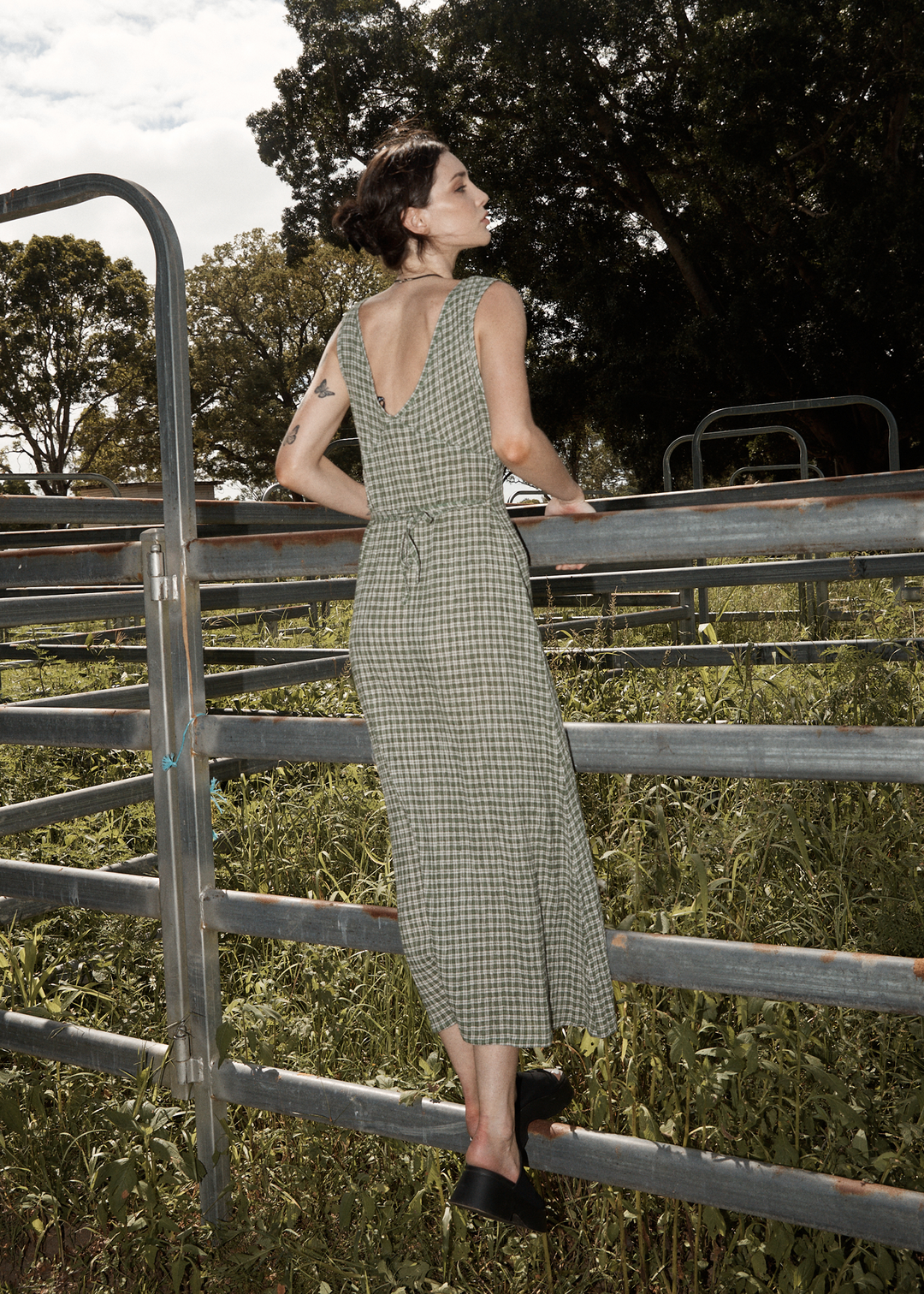 AFENDS Womens Base - Seersucker Check Maxi Dress - Deep Green Check - Sustainable Clothing - Streetwear