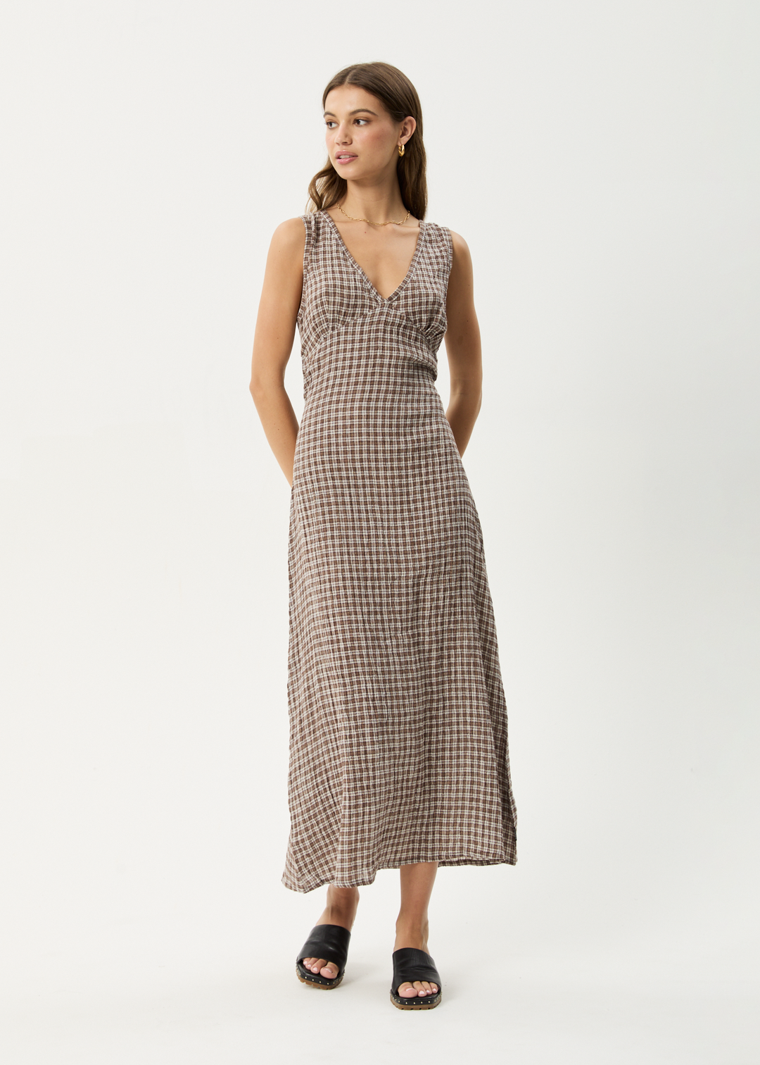 AFENDS Womens Base - Seersucker Check Maxi Dress - Coffee Check - Sustainable Clothing - Streetwear