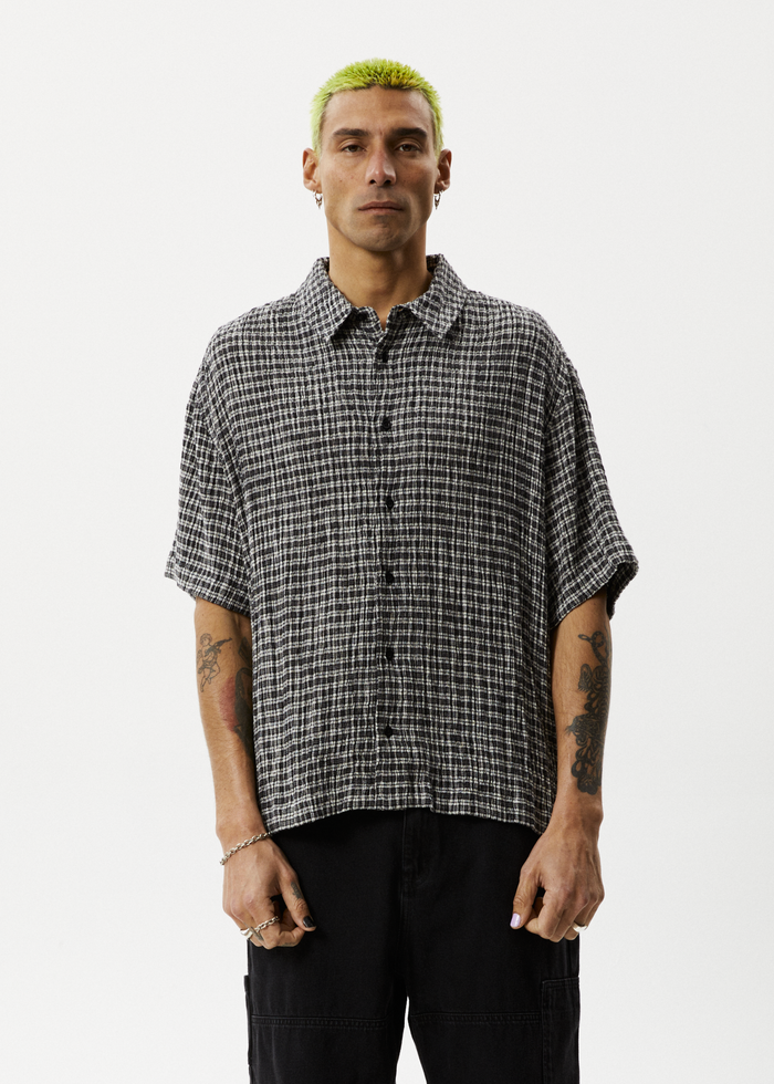 Afends Mens Asta - Seersucker Cuban Short Sleeve Shirt - Steel Check - Sustainable Clothing - Streetwear