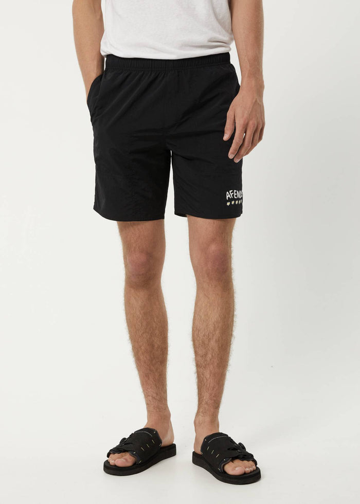 Afends Mens Baywatch Flowers - Elastic Waist Shorts - Black - Sustainable Clothing - Streetwear