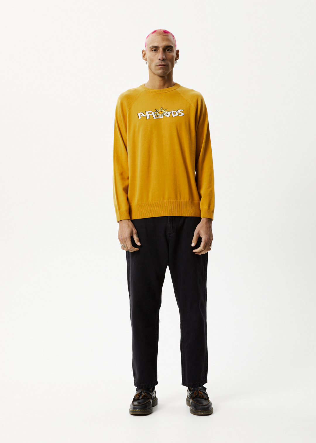 Afends Mens Farming - Knitted Crew Neck Jumper - Mustard - Sustainable Clothing - Streetwear