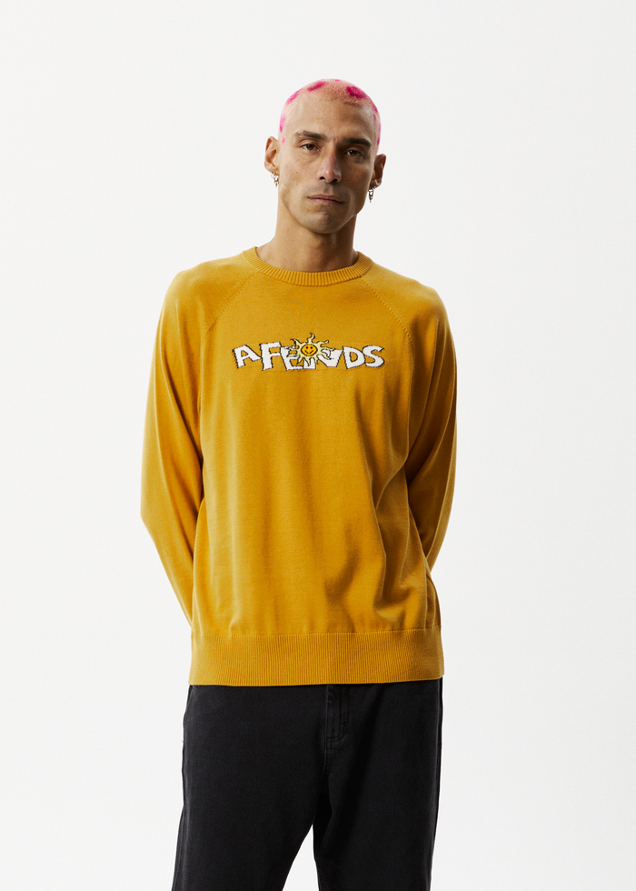 Afends Mens Farming - Knitted Crew Neck Jumper - Mustard - Sustainable Clothing - Streetwear