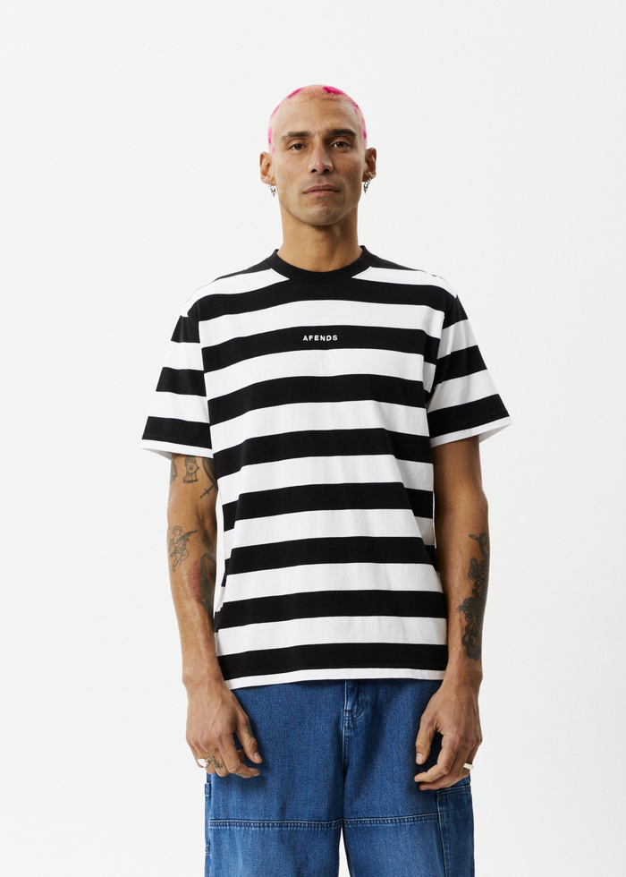 Afends Mens Needle - Recycled Retro Logo T-Shirt - Black Stripe - Sustainable Clothing - Streetwear