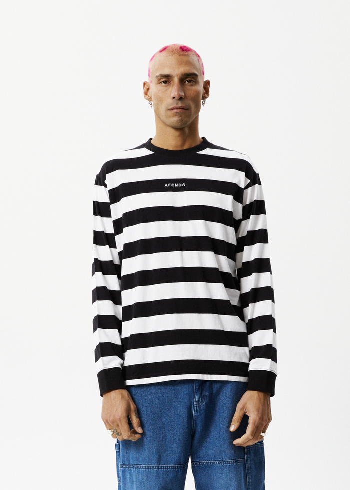 Afends Mens Needle - Recycled Striped Long Sleeve Logo T-Shirt - Black Stripe - Sustainable Clothing - Streetwear