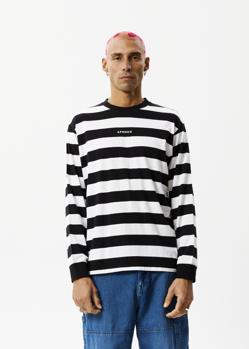 Afends Mens Needle - Recycled Striped Long Sleeve Logo T-Shirt - Black Stripe