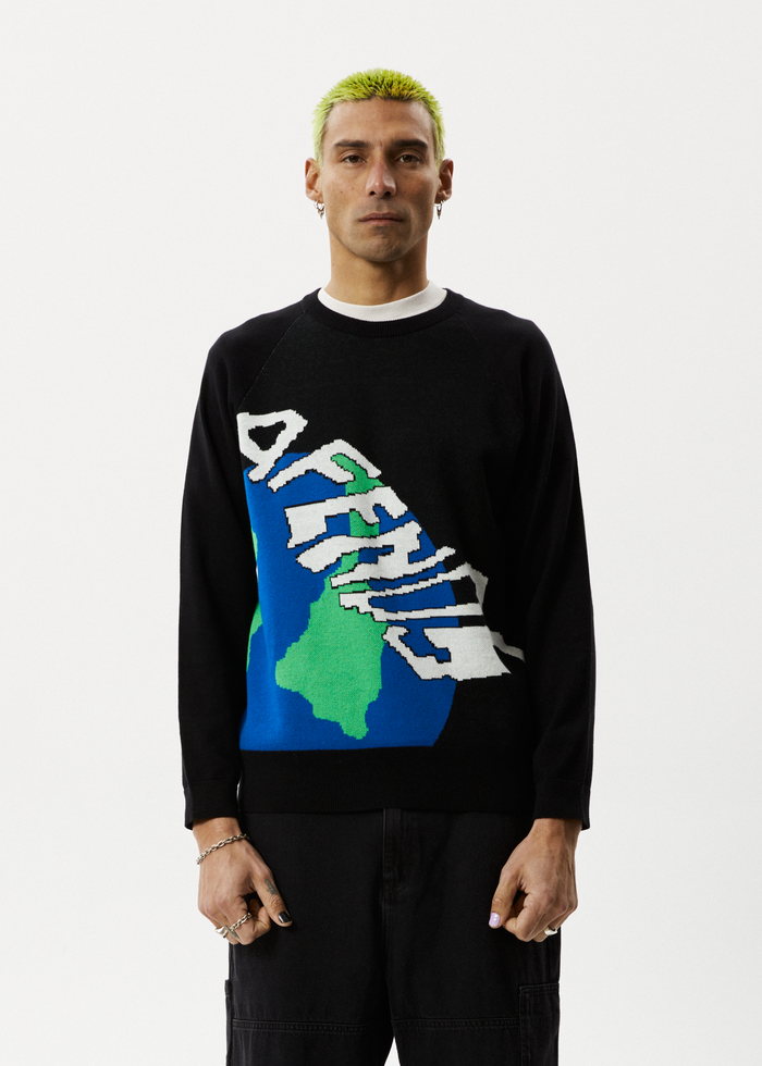 Afends Mens Orbital - Raglan Knitted Crew Neck Jumper - Black - Sustainable Clothing - Streetwear