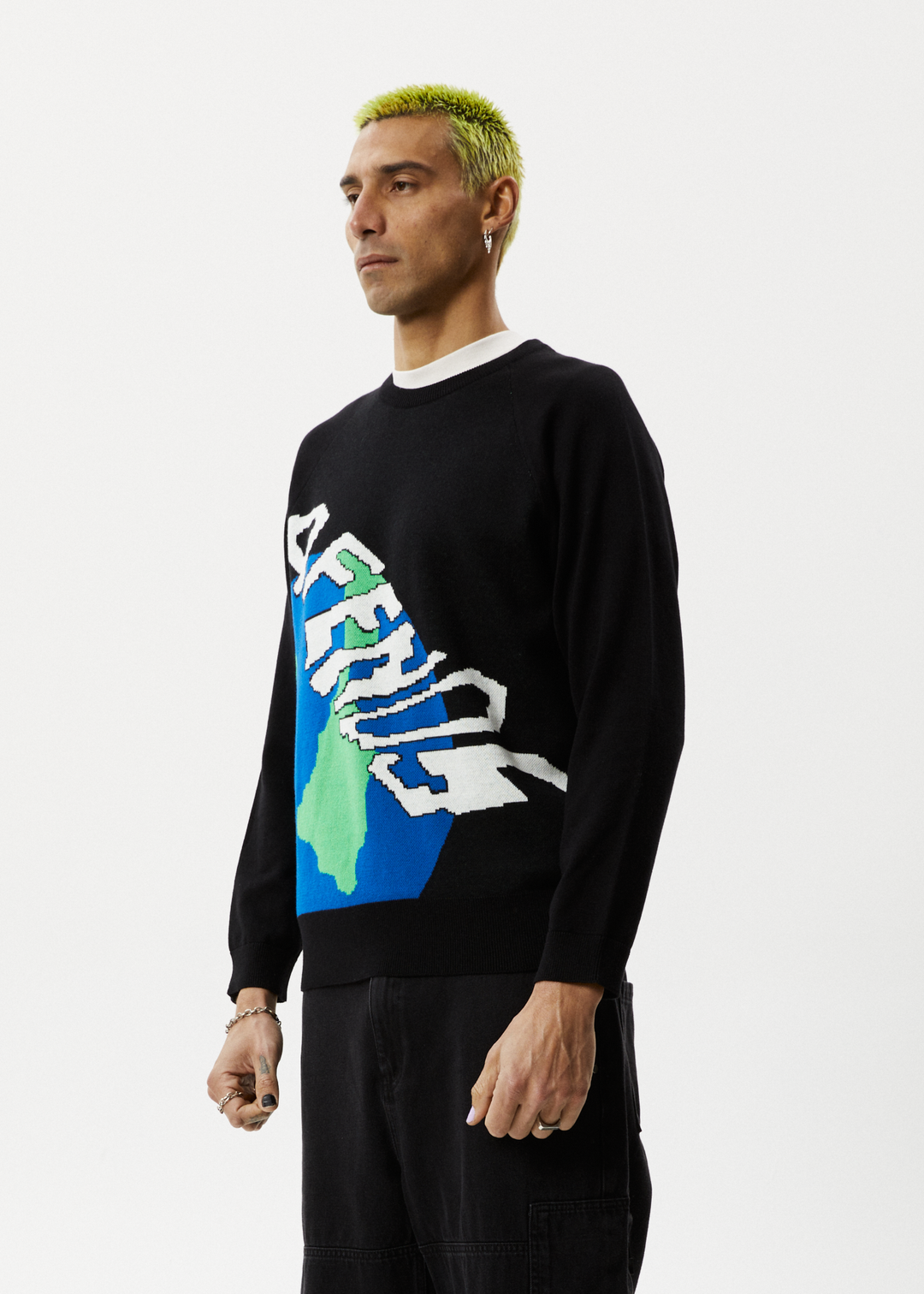 Afends Mens Orbital - Raglan Knitted Crew Neck Jumper - Black - Sustainable Clothing - Streetwear