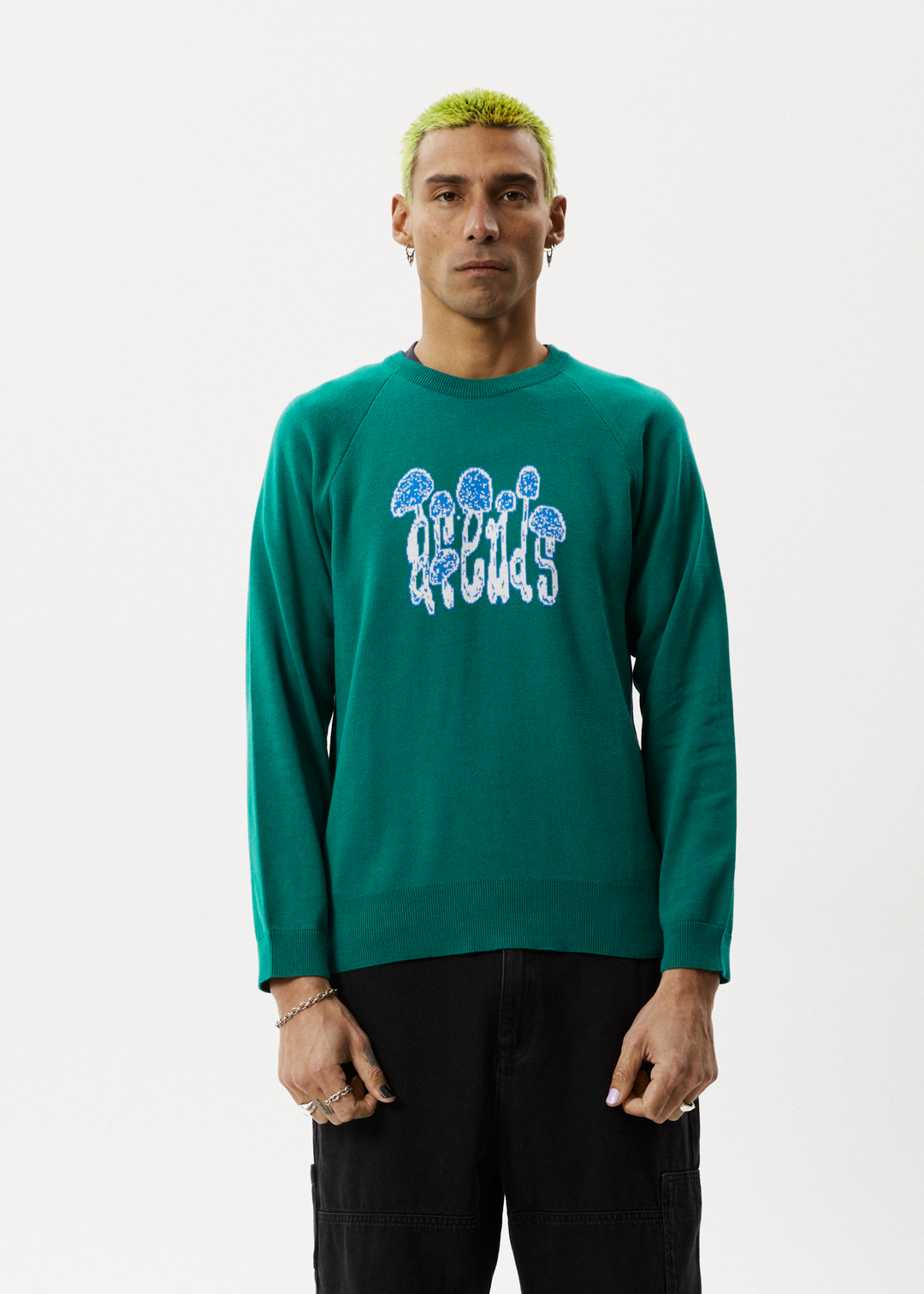 Afends Mens Psychedelic - Raglan Knitted Crew Neck Jumper - Emerald - Sustainable Clothing - Streetwear