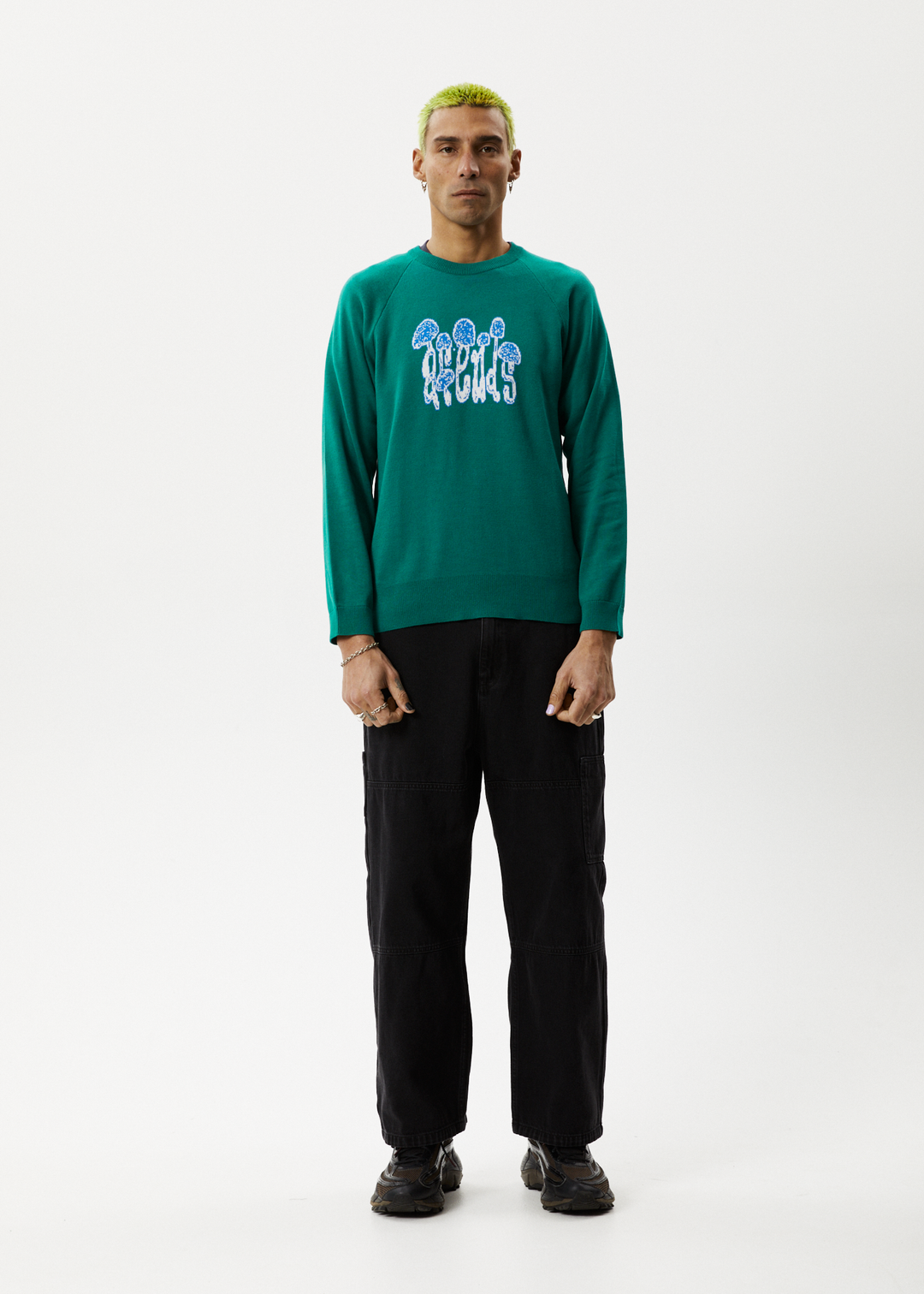 Afends Mens Psychedelic - Raglan Knitted Crew Neck Jumper - Emerald - Sustainable Clothing - Streetwear