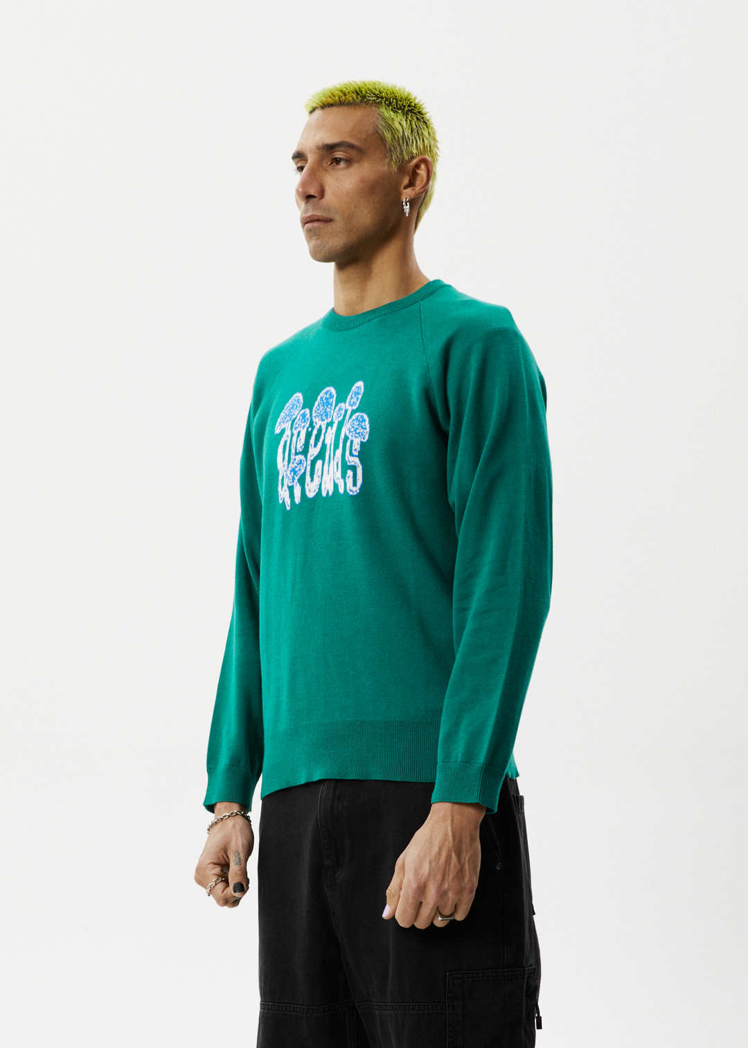 Afends Mens Psychedelic - Raglan Knitted Crew Neck Jumper - Emerald - Sustainable Clothing - Streetwear