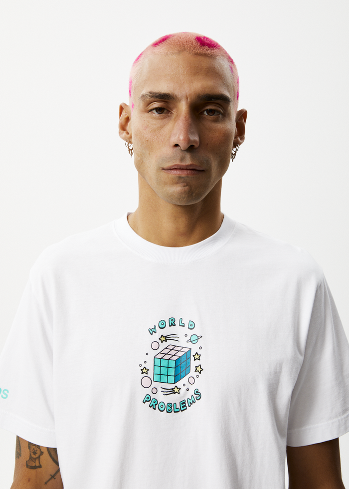 Afends Mens World Problems - Recycled Retro Graphic T-Shirt - White - Sustainable Clothing - Streetwear