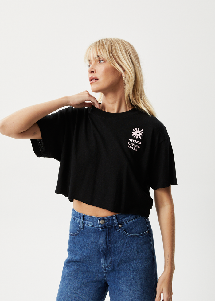 Afends Womens Daze Slay Cropped - Hemp Oversized Graphic T-Shirt - Black - Sustainable Clothing - Streetwear