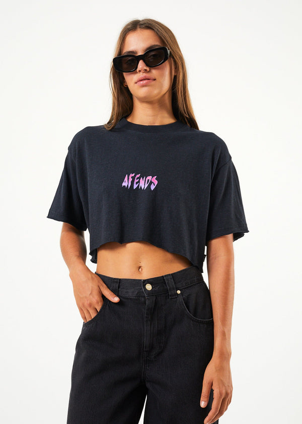 Afends Womens Electric Slay Cropped - Hemp Oversized T-Shirt - Black