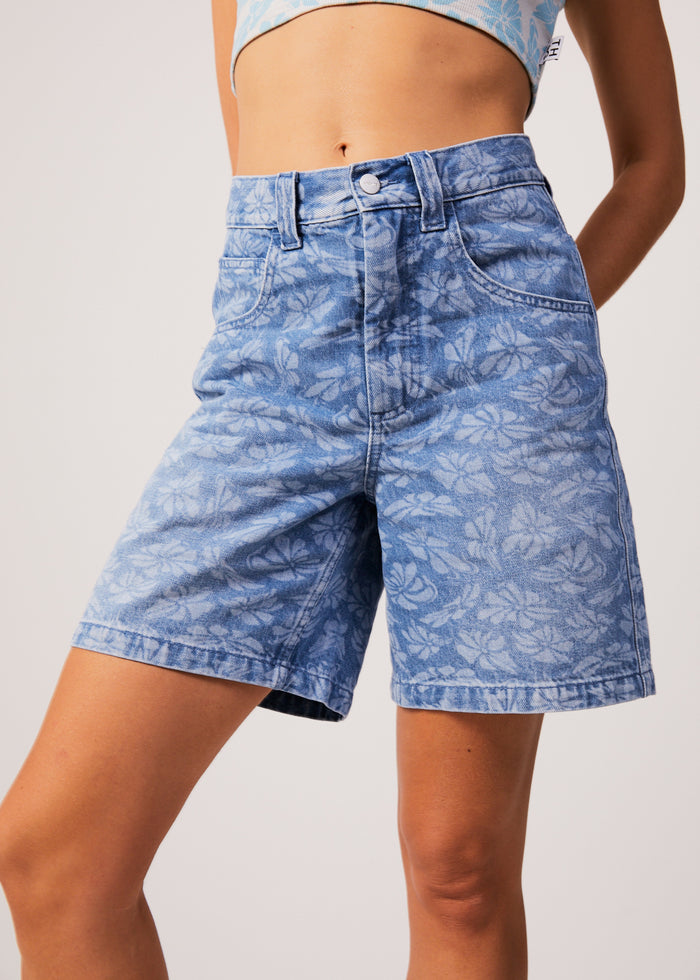 Afends Womens Emilie - Hemp Denim Floral Carpenter Shorts - Floral Blue - Sustainable Clothing - Streetwear