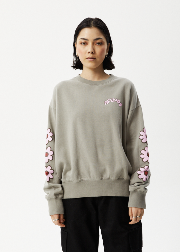 Afends Womens Flower - Crew Neck Jumper - Olive - Sustainable Clothing - Streetwear