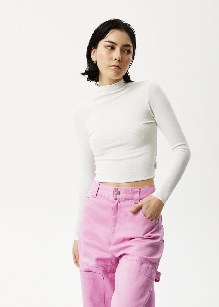 Afends Womens Iconic - Hemp Ribbed Long Sleeve Top - Off White - Sustainable Clothing - Streetwear