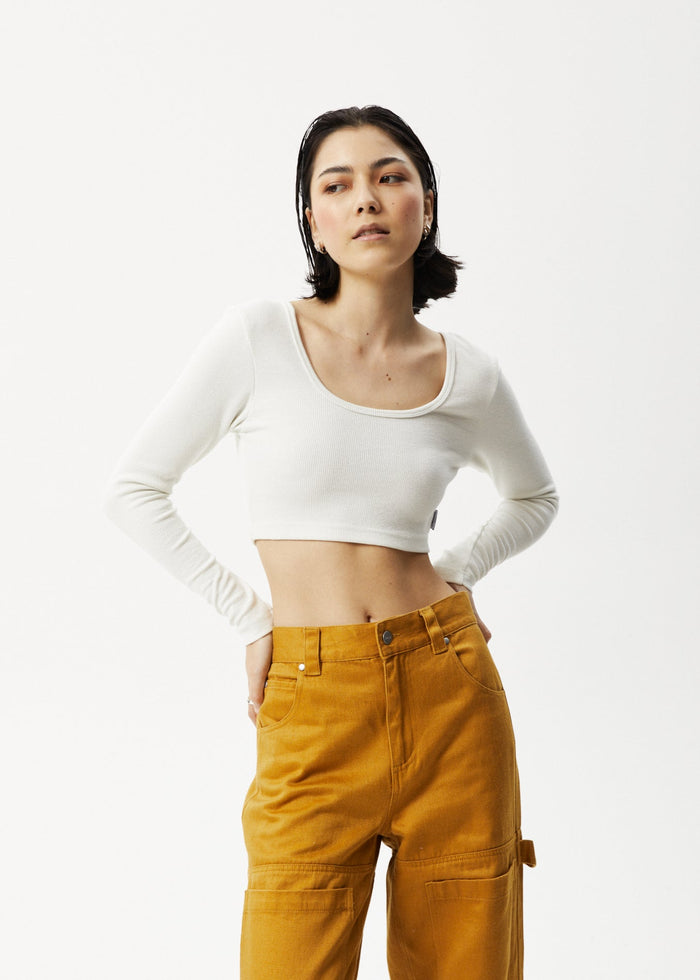 Afends Womens Milla - Hemp Ribbed Long Sleeve Cropped Top - Off White - Sustainable Clothing - Streetwear