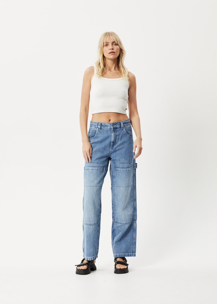 Afends Womens Moss Hemp Denim Carpenter Jeans Worn Blue