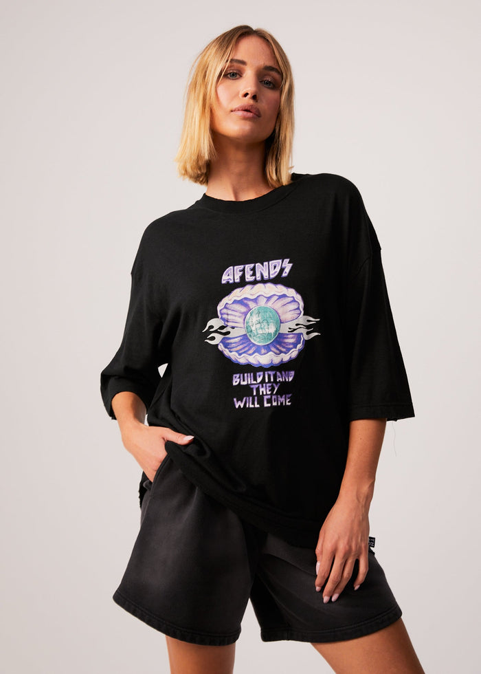 Afends Womens Shell - Hemp Oversized Graphic T-Shirt - Black - Sustainable Clothing - Streetwear