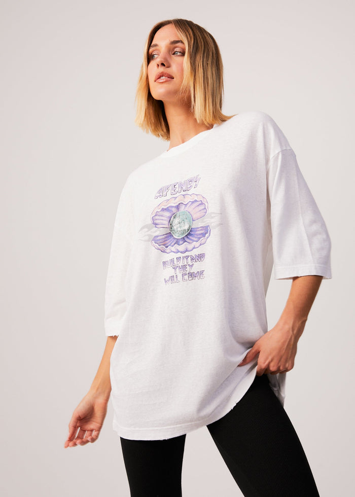 Afends Womens Shell - Hemp Oversized Graphic T-Shirt - White - Sustainable Clothing - Streetwear