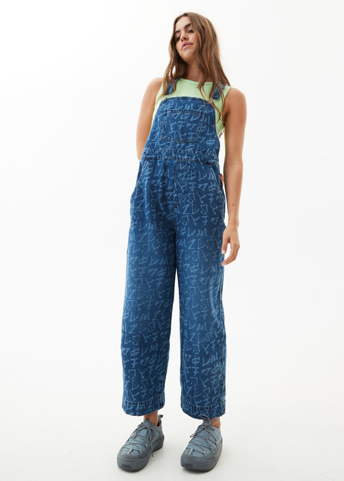 Afends Womens Tagged Louis - Hemp Denim Baggy Overalls - Graffiti Blue - Sustainable Clothing - Streetwear
