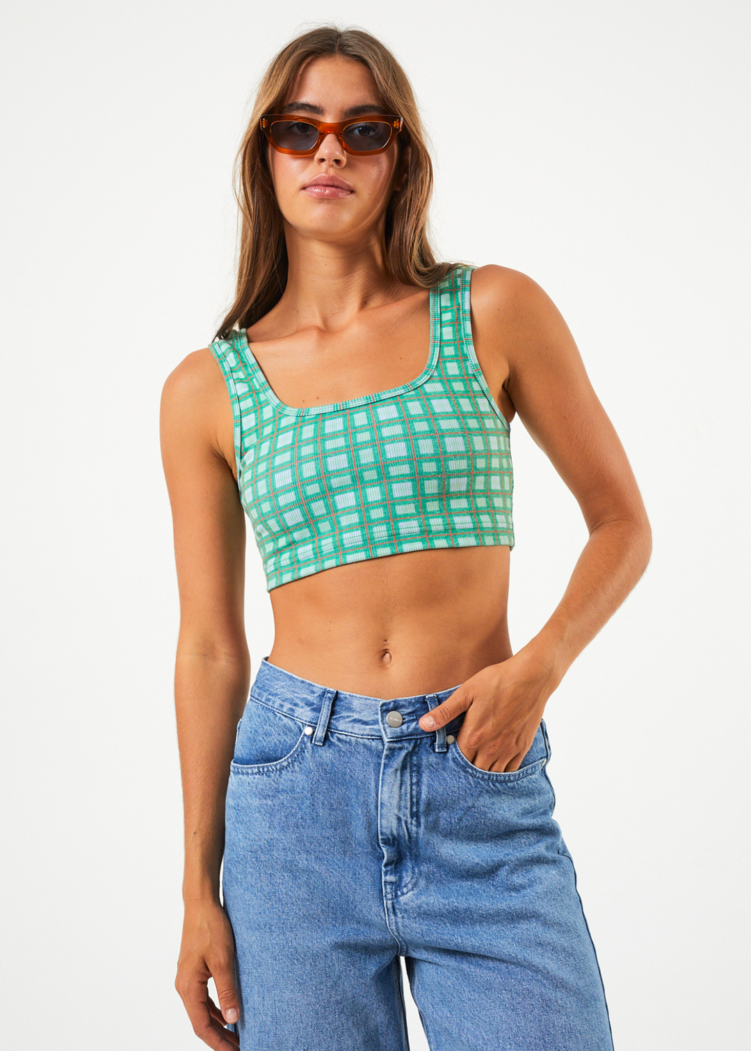 Afends Womens Tully - Hemp Ribbed Check Sleeveless Top - Forest Check - Sustainable Clothing - Streetwear