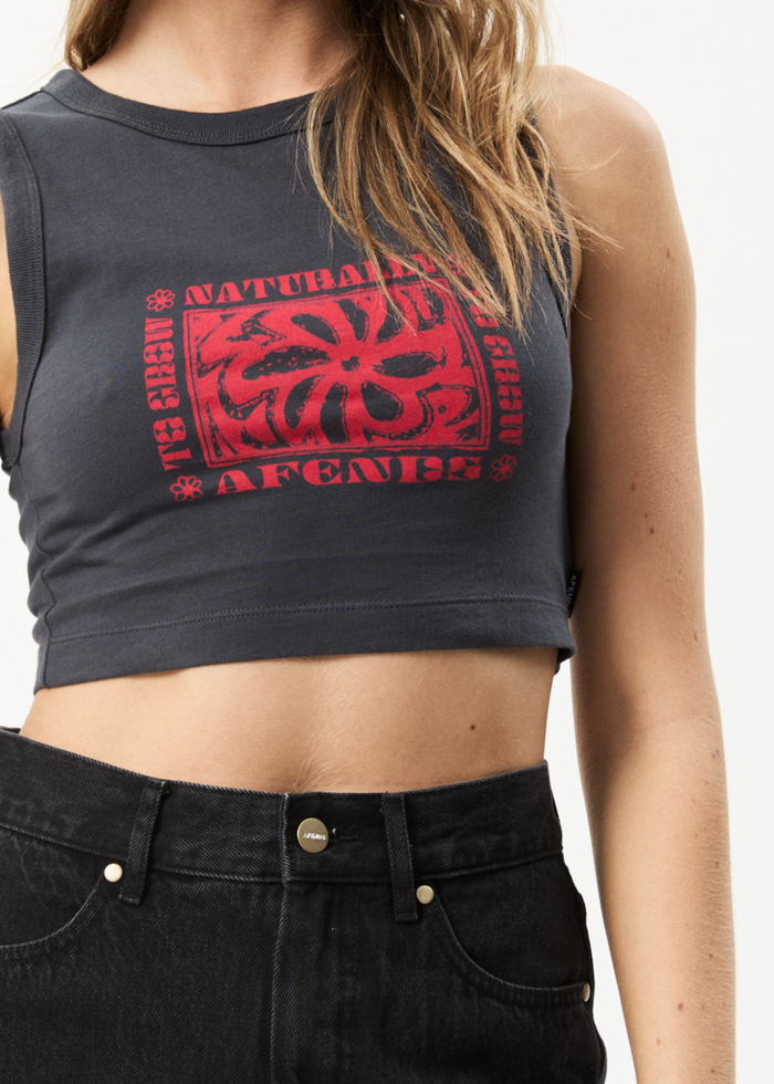 Afends Womens To Grow - Recycled Cropped Graphic Tank - Charcoal - Sustainable Clothing - Streetwear