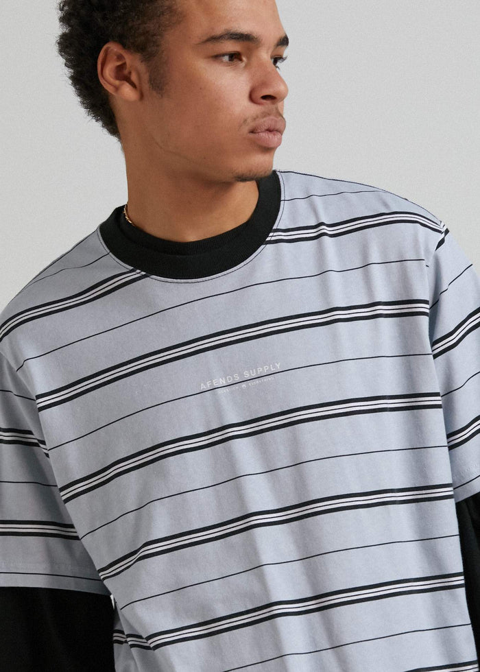 Afends Mens Transit  - Recycled Stripe Retro Fit T-Shirt - Glacier - Sustainable Clothing - Streetwear