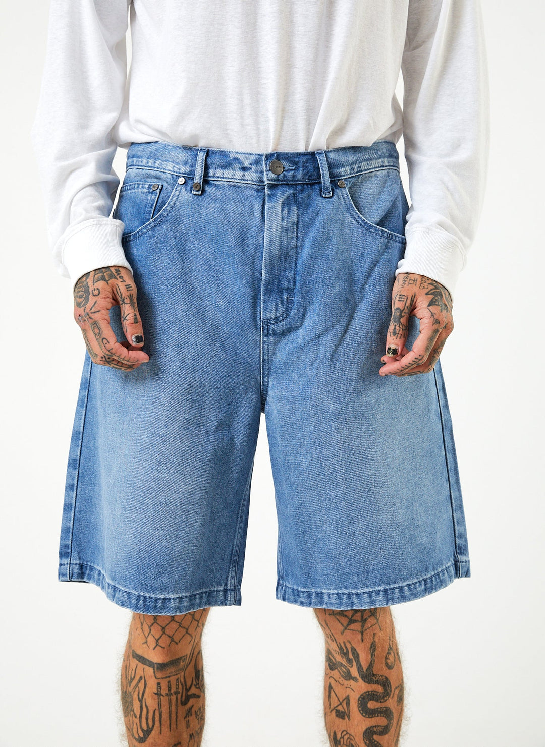 Afends Mens Lil C - Hemp Denim Baggy Shorts - Worn Blue - Sustainable Clothing - Streetwear