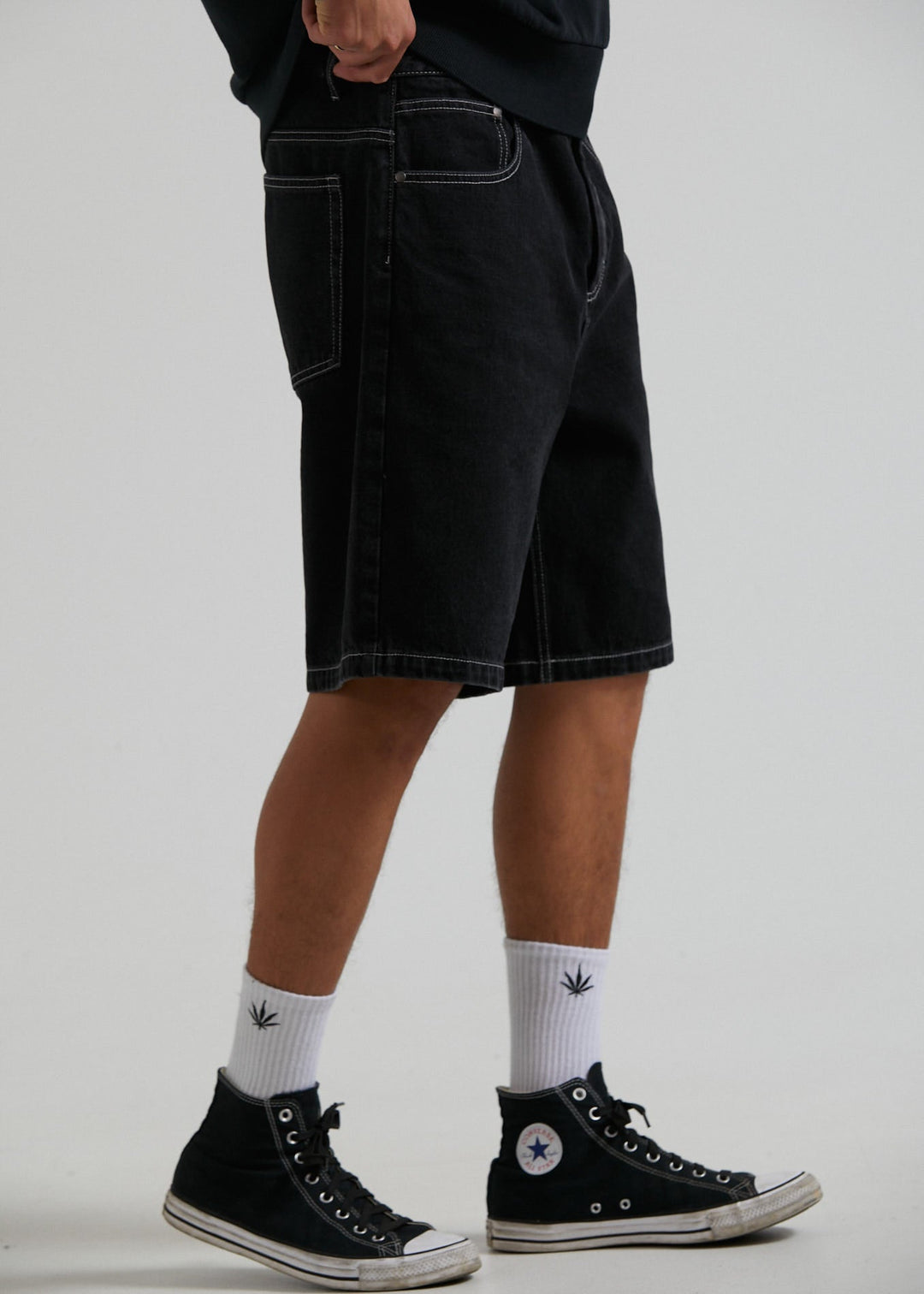 Afends Mens Lil C - Organic Denim Baggy Fit Short - Washed Black - Sustainable Clothing - Streetwear