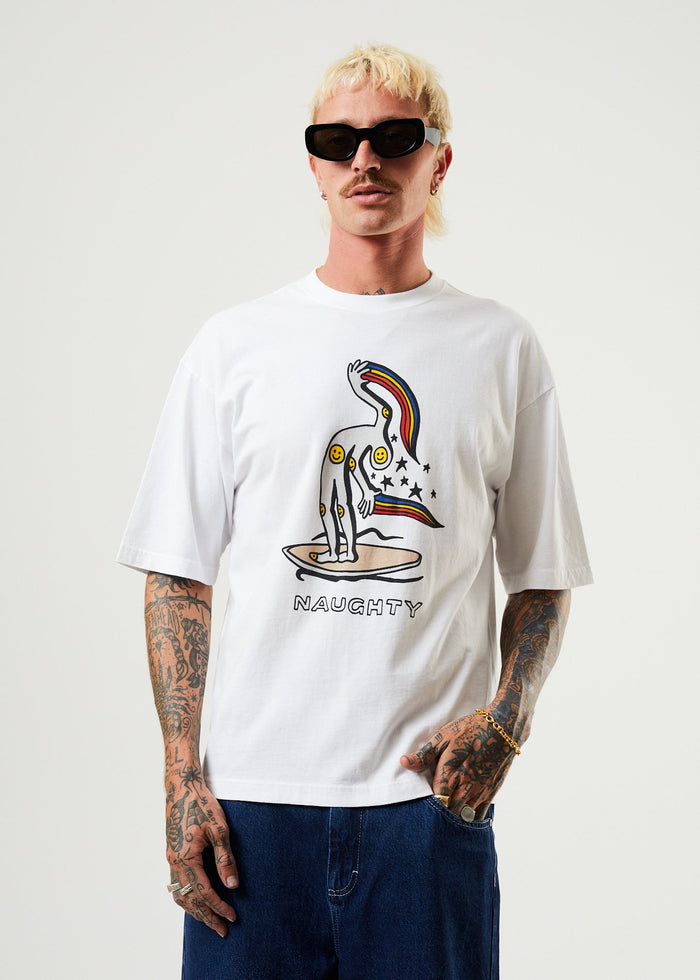 Afends Mens Naughty - Recycled Oversized Graphic T-Shirt - White - Sustainable Clothing - Streetwear