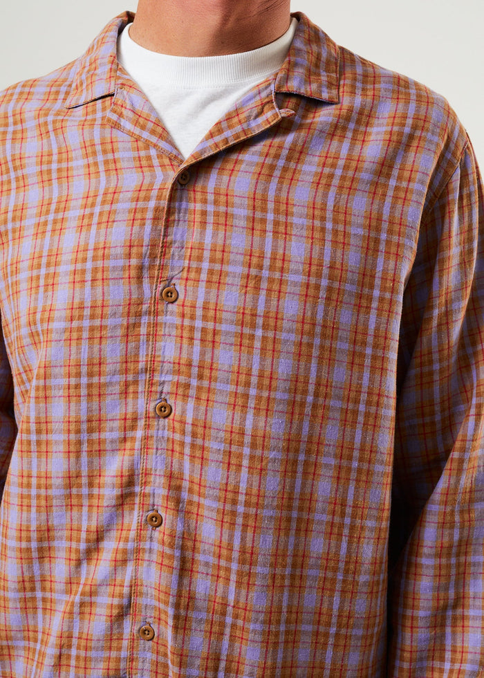 Afends Mens Colby - Hemp Check Cuban Long Sleeve Shirt - Plum - Sustainable Clothing - Streetwear