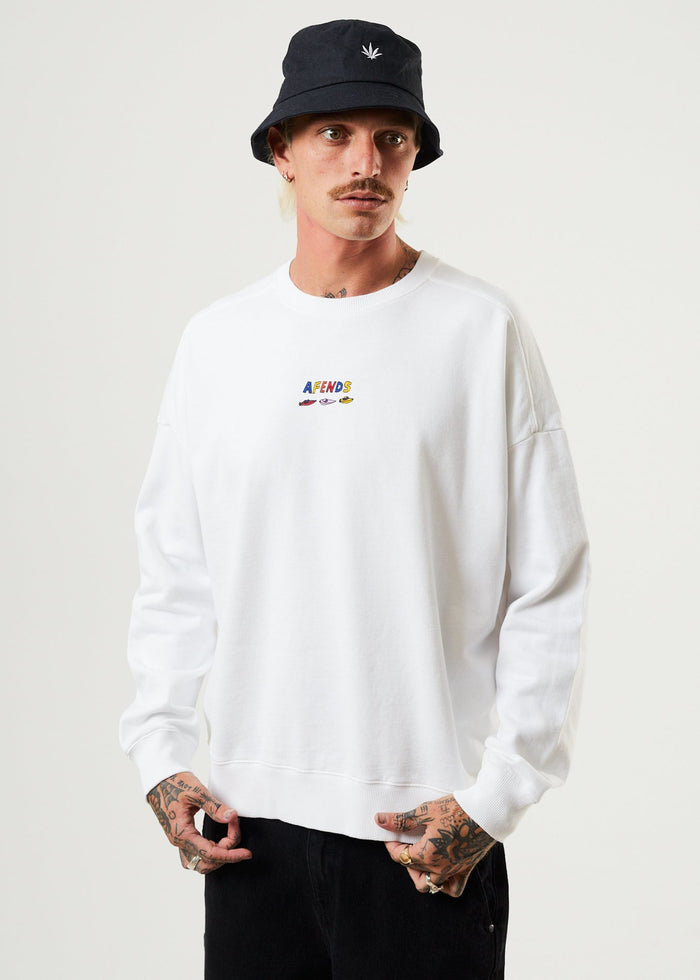 Afends Mens Wahzoo - Recycled Crew Neck Jumper - White - Sustainable Clothing - Streetwear