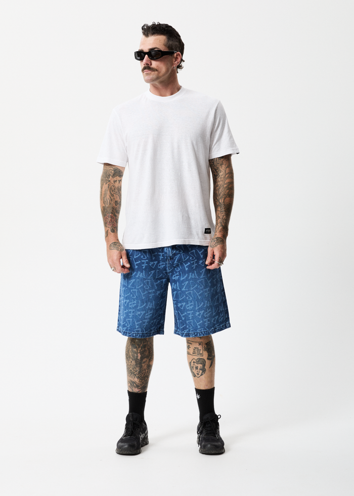 Afends Mens Tagged Lil C - Hemp Denim Baggy Shorts - Graffiti Blue - Sustainable Clothing - Streetwear