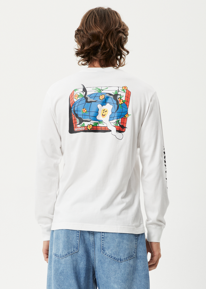 Afends Mens Globe - Recycled Long Sleeve Graphic T-Shirt - White - Sustainable Clothing - Streetwear