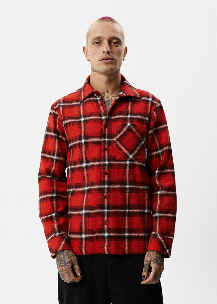 Afends Mens Nobody - Recycled Flannel Long Sleeve Shirt - Deep Red - Sustainable Clothing - Streetwear