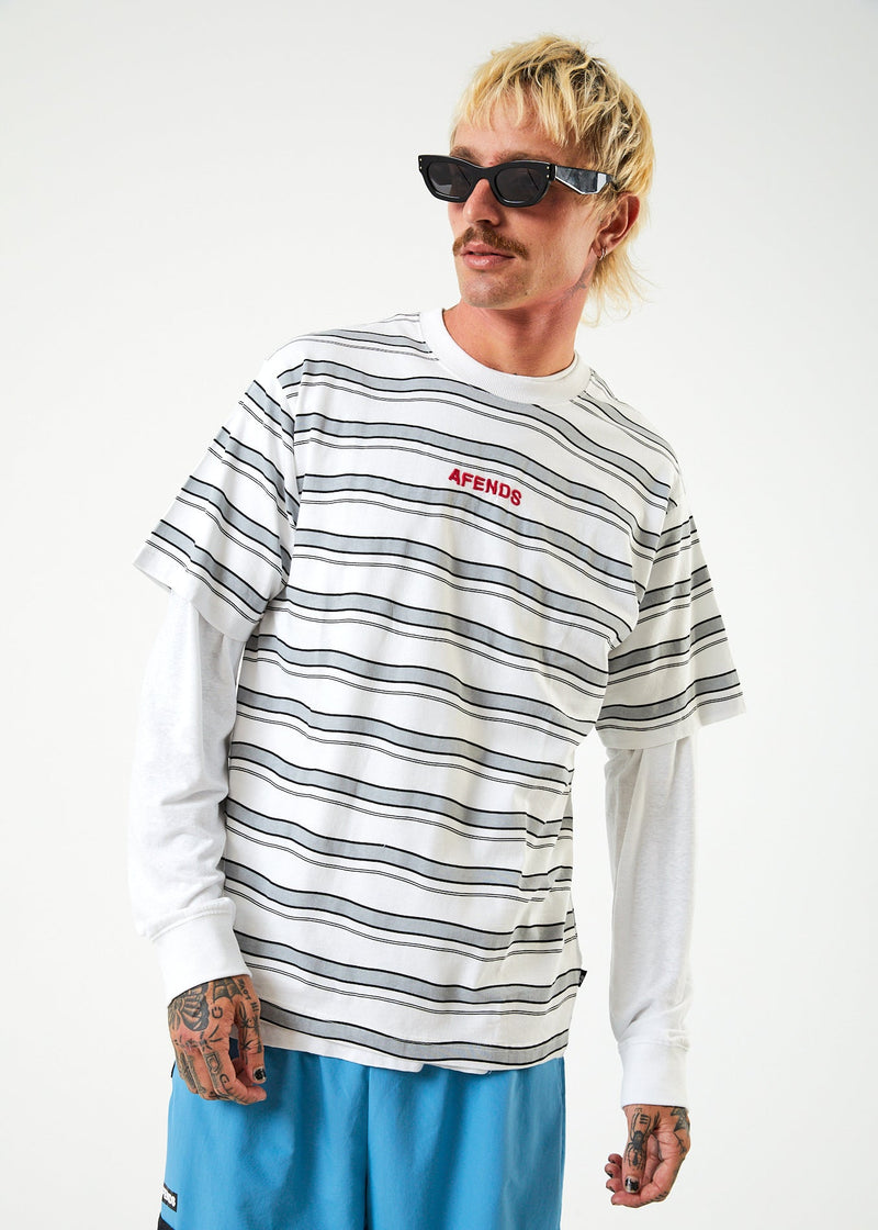 Afends Mens Warped - Recycled Retro Striped T-Shirt - White