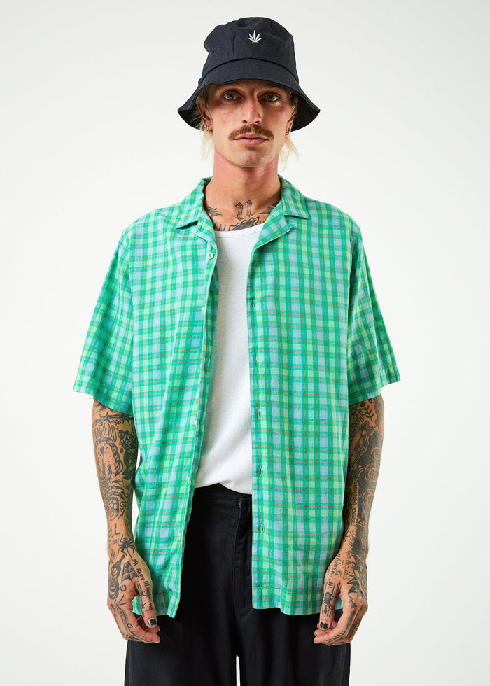 Afends Mens Meadows - Hemp Check Cuban Short Sleeve Shirt - Forest Check - Sustainable Clothing - Streetwear