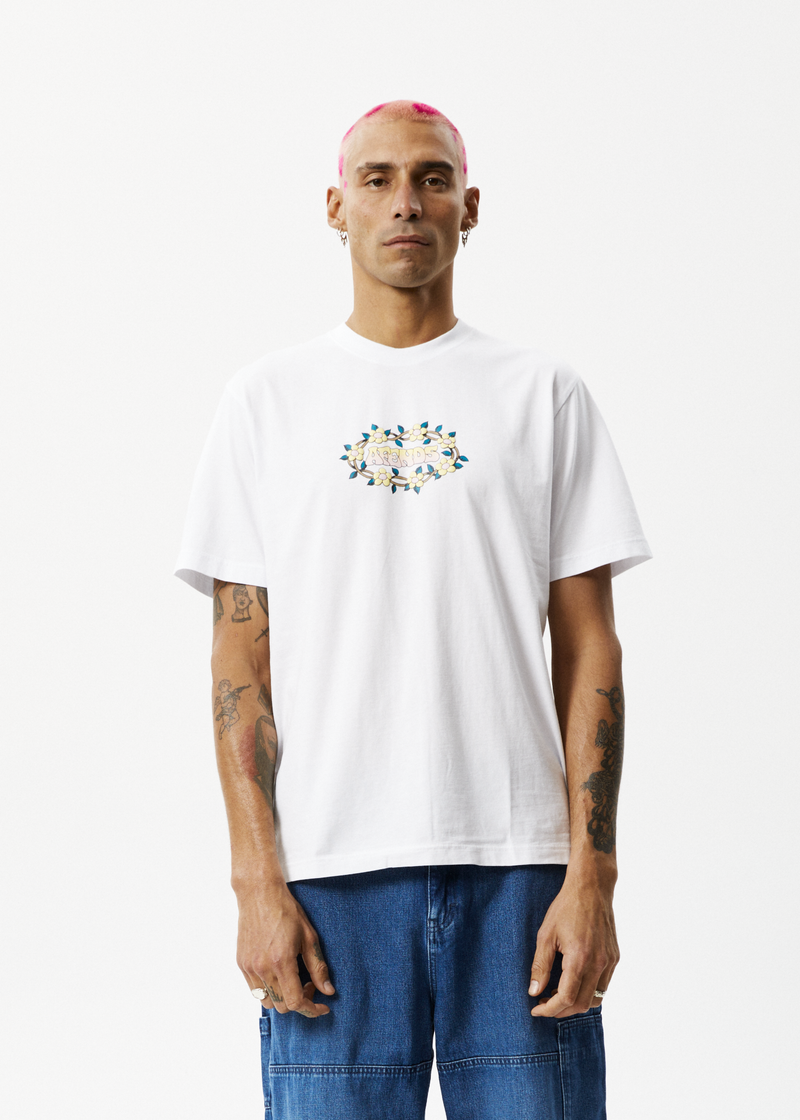 Afends Mens Bloom - Recycled Retro Graphic Logo T-Shirt - White