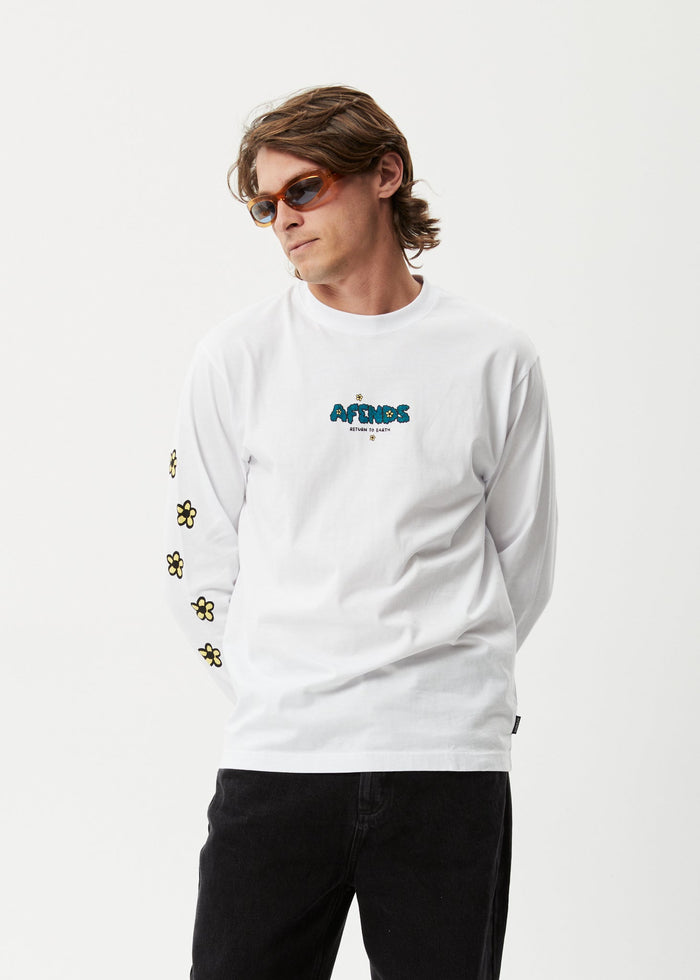 Afends Mens Earthling - Recycled Long Sleeve Graphic Logo T-Shirt - White - Sustainable Clothing - Streetwear