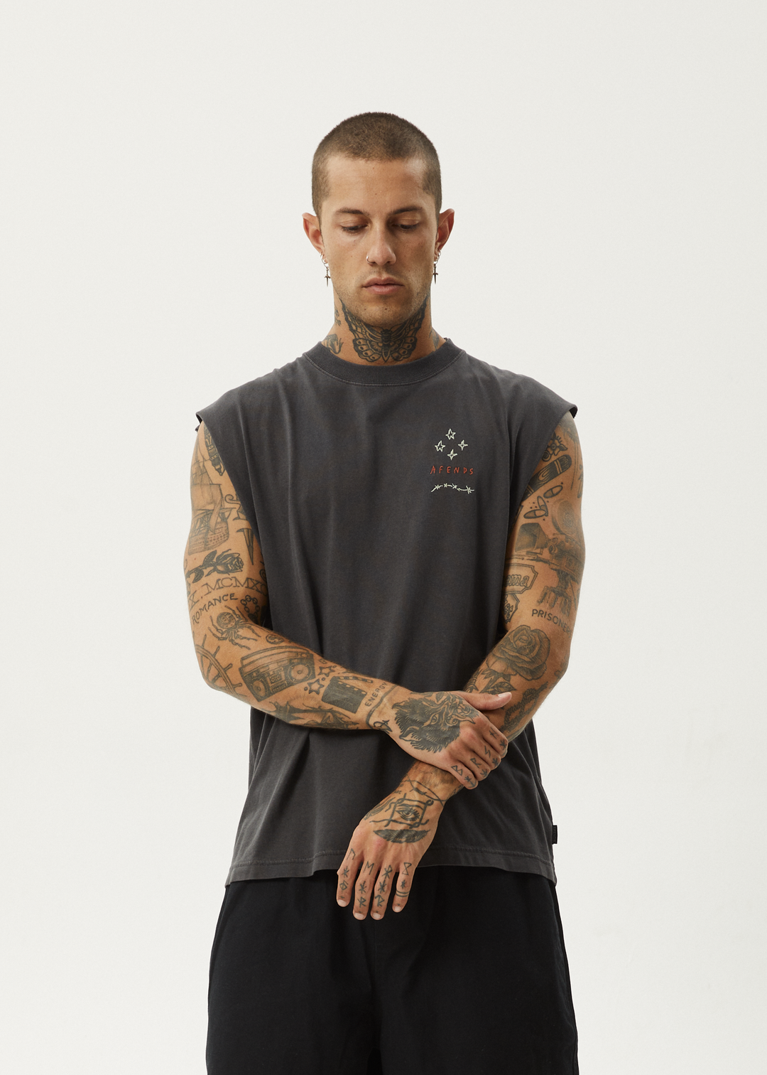 Afends Mens Stars - Sleeveless Tee - Stone Black - Sustainable Clothing - Streetwear