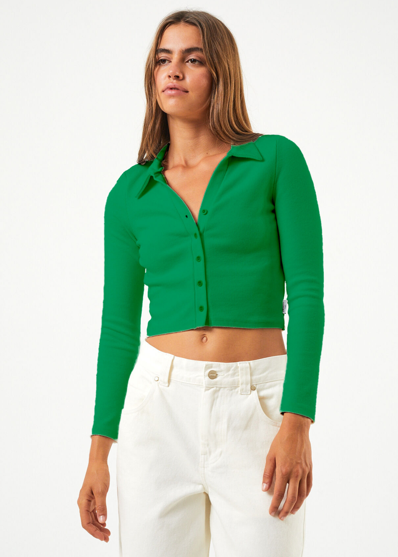 Afends Womens Eliza - Hemp Ribbed Long Sleeve Shirt - Forest