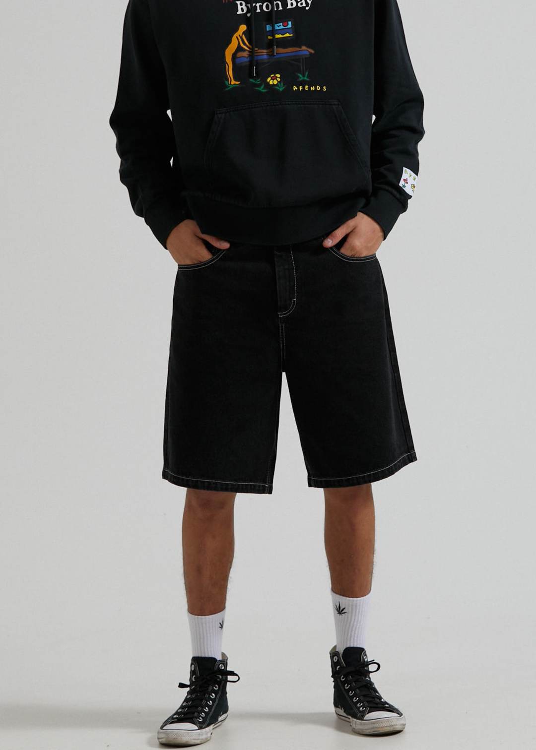 Afends Mens Lil C - Organic Denim Baggy Fit Short - Washed Black - Sustainable Clothing - Streetwear