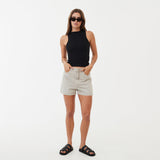 Afends Womens Seventy Threes - Organic Denim High Waisted Shorts - Faded Cement - Afends womens seventy threes   organic denim high waisted shorts   faded cement   sustainable clothing   streetwear