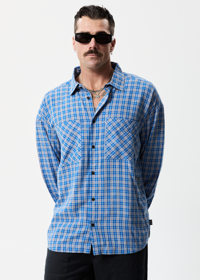 Afends Mens Porcelain - Hemp Check Long Sleeve Shirt - Electric Blue - Sustainable Clothing - Streetwear